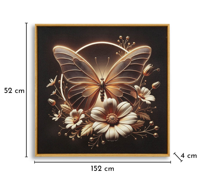Tablou Canvas cu LED si rama din lemn fluture auriu cu flori decorative decor modern [9]