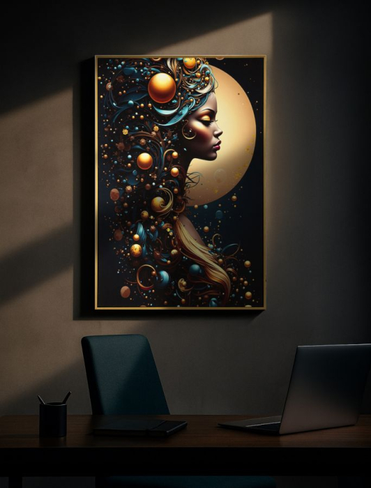 Tablou Canvas cu LED si rama din lemn portret feminin cosmic cu accente aurii decor modern [7]