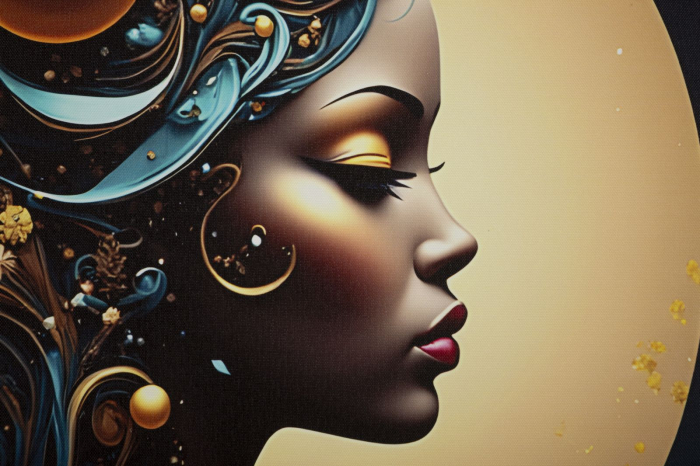 Tablou Canvas cu LED si rama din lemn portret feminin cosmic cu accente aurii decor modern [2]