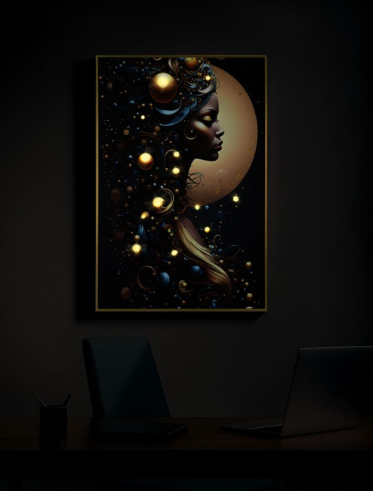 Tablou Canvas cu LED si rama din lemn portret feminin cosmic cu accente aurii decor modern [8]