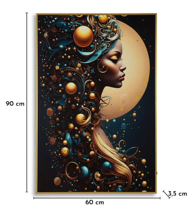 Tablou Canvas cu LED si rama din lemn portret feminin cosmic cu accente aurii decor modern [9]