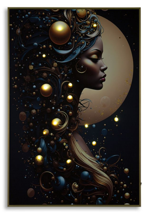 Tablou Canvas cu LED si rama din lemn portret feminin cosmic cu accente aurii decor modern [5]