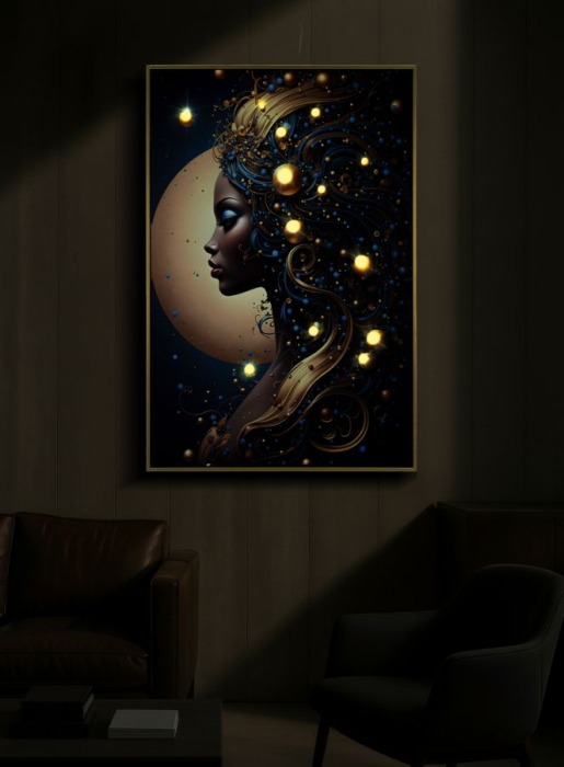 Tablou Canvas cu LED si rama din lemn portret feminin cosmic elegant decor modern [8]