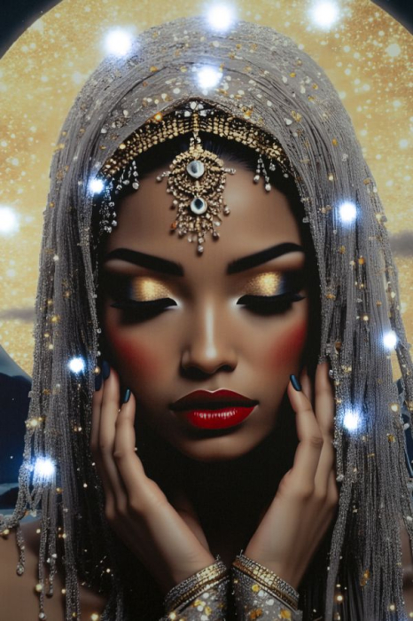 Tablou Canvas cu LED si rama din lemn portret feminin mistic cu halo luminos decor modern [7]