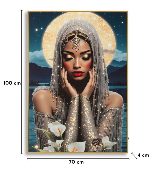 Tablou Canvas cu LED si rama din lemn portret feminin mistic cu halo luminos decor modern [10]