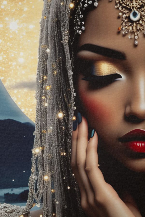 Tablou Canvas cu LED si rama din lemn portret feminin mistic cu halo luminos decor modern [4]