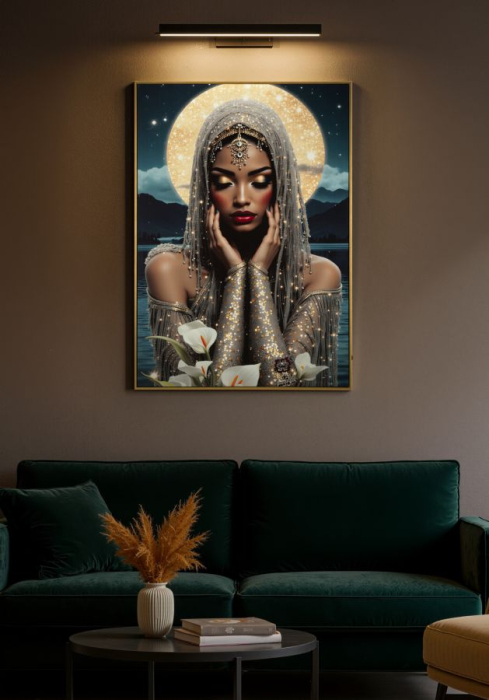 Tablou Canvas cu LED si rama din lemn portret feminin mistic cu halo luminos decor modern [8]