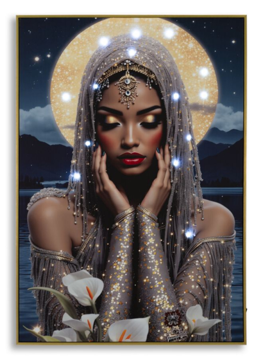 Tablou Canvas cu LED si rama din lemn portret feminin mistic cu halo luminos decor modern [6]