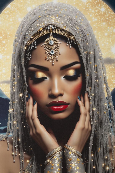 Tablou Canvas cu LED si rama din lemn portret feminin mistic cu halo luminos decor modern [2]