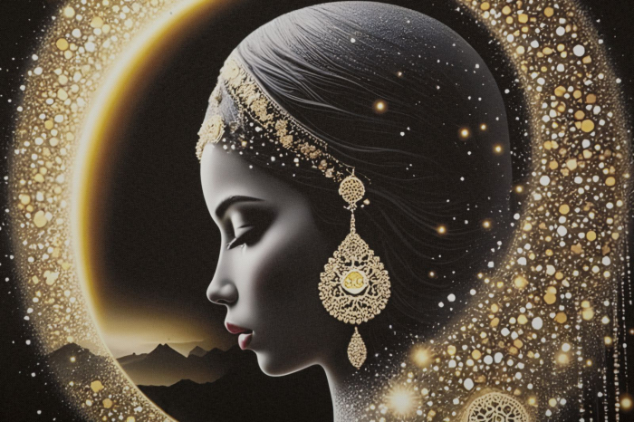 Tablou Canvas cu LED si rama din lemn silueta feminina eleganta cu halo auriu decor modern [2]