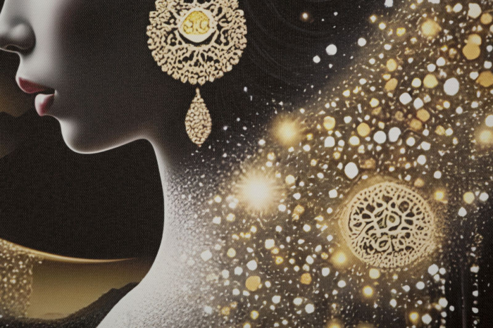 Tablou Canvas cu LED si rama din lemn silueta feminina eleganta cu halo auriu decor modern [4]