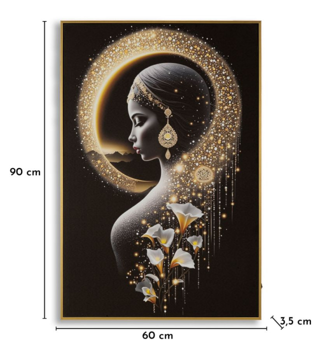 Tablou Canvas cu LED si rama din lemn silueta feminina eleganta cu halo auriu decor modern [9]