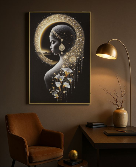 Tablou Canvas cu LED si rama din lemn silueta feminina eleganta cu halo auriu decor modern [7]