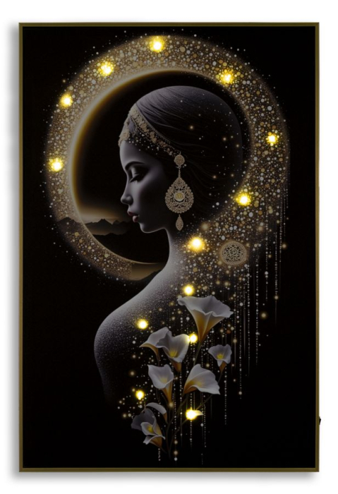 Tablou Canvas cu LED si rama din lemn silueta feminina eleganta cu halo auriu decor modern [5]