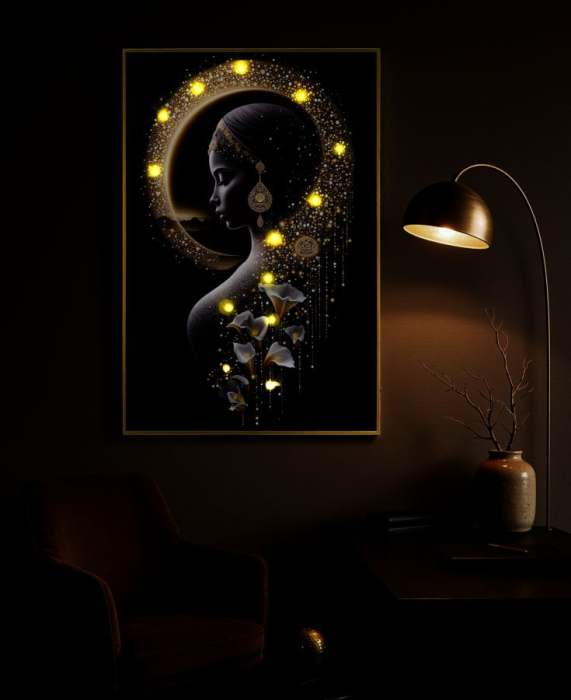 Tablou Canvas cu LED si rama din lemn silueta feminina eleganta cu halo auriu decor modern [8]