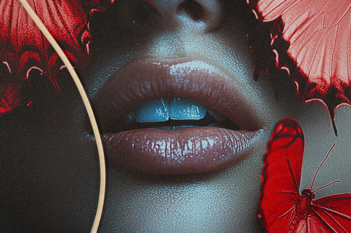 Tablou Canvas cu LED si rama portret artistic cu fluturi rosii 3D acrilic decor modern [8]