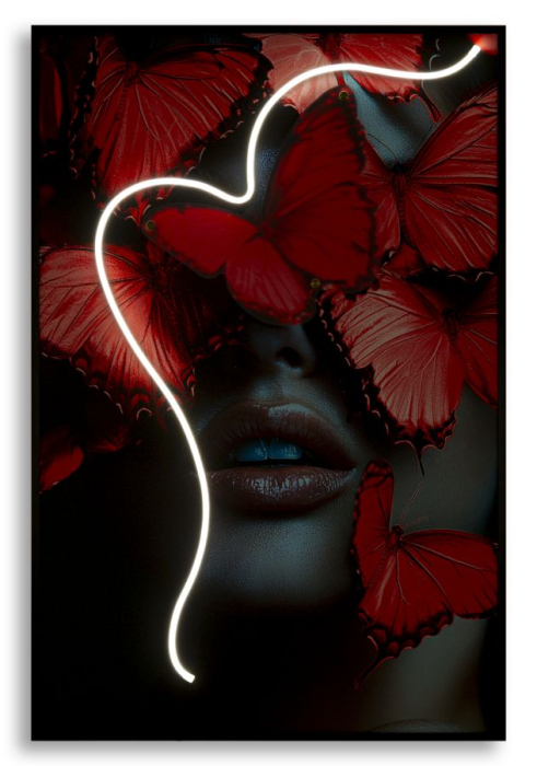 Tablou Canvas cu LED si rama portret artistic cu fluturi rosii 3D acrilic decor modern [5]