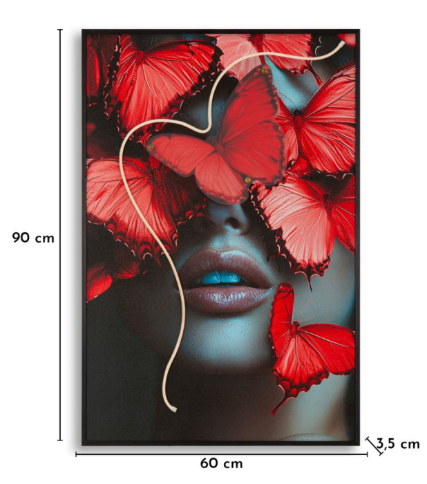Tablou Canvas cu LED si rama portret artistic cu fluturi rosii 3D acrilic decor modern [11]