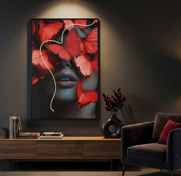 Tablou Canvas cu LED si rama portret artistic cu fluturi rosii 3D acrilic decor modern [2]
