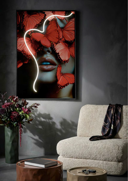 Tablou Canvas cu LED si rama portret artistic cu fluturi rosii 3D acrilic decor modern [3]