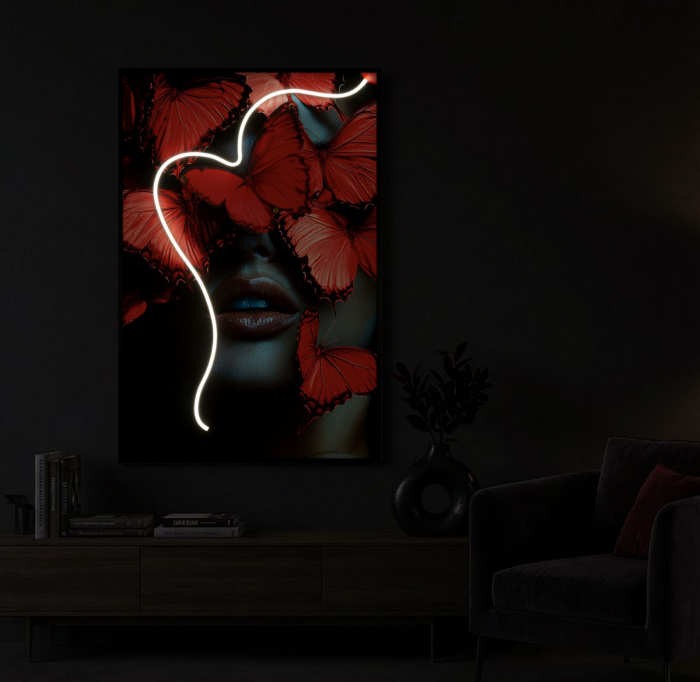 Tablou Canvas cu LED si rama portret artistic cu fluturi rosii 3D acrilic decor modern [10]