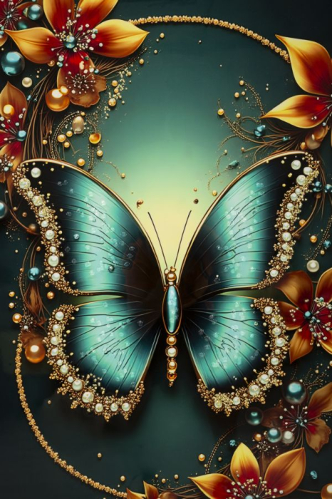 Tablou Canvas cu rama din lemn fluture turcoaz cu accente aurii decor multicolor [3]