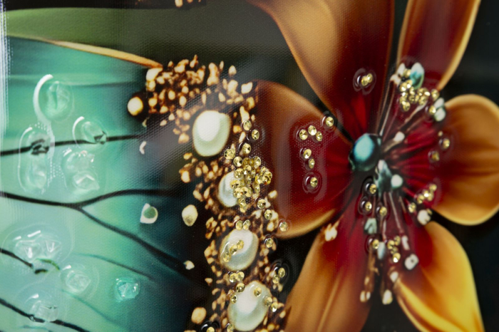 Tablou Canvas cu rama din lemn fluture turcoaz cu accente aurii decor multicolor [4]