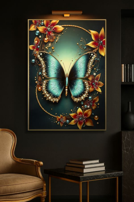 Tablou Canvas cu rama din lemn fluture turcoaz cu accente aurii decor multicolor [6]
