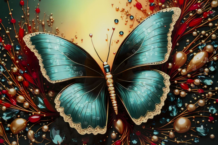 Tablou Canvas cu rama din lemn fluture turcoaz cu accente rosii si aurii decor multicolor [3]