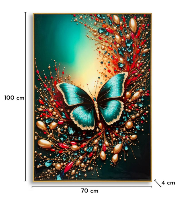 Tablou Canvas cu rama din lemn fluture turcoaz cu accente rosii si aurii decor multicolor [7]