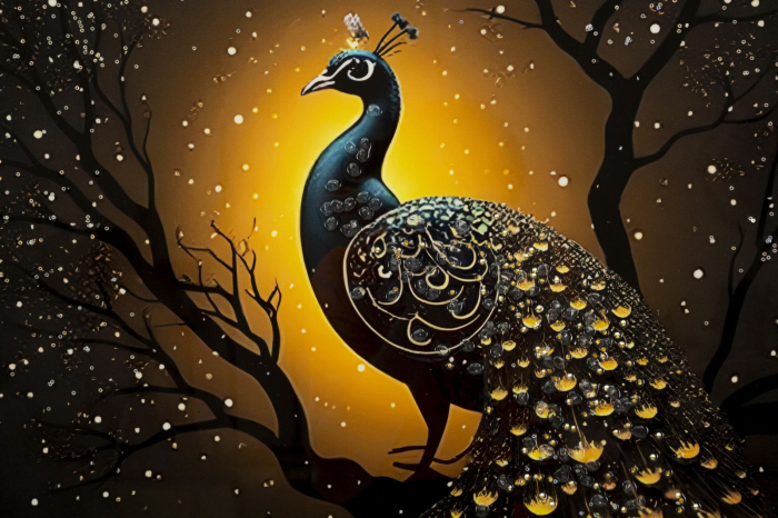 Tablou Canvas cu rama din lemn paun decorativ cu accente aurii multicolor [2]