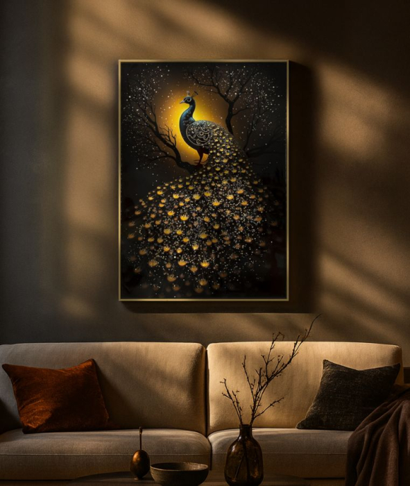 Tablou Canvas cu rama din lemn paun decorativ cu accente aurii multicolor [6]