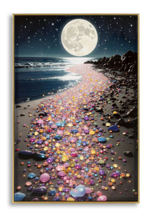 Tablou Canvas cu rama din lemn peisaj nocturn cu luna plina si reflexii multicolore decor modern [1]