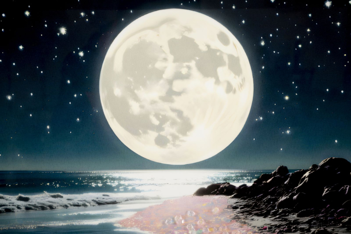 Tablou Canvas cu rama din lemn peisaj nocturn cu luna plina si reflexii multicolore decor modern [3]