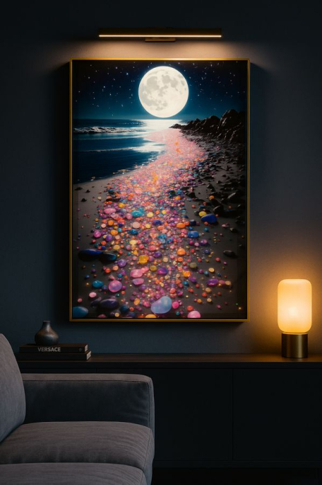 Tablou Canvas cu rama din lemn peisaj nocturn cu luna plina si reflexii multicolore decor modern [5]