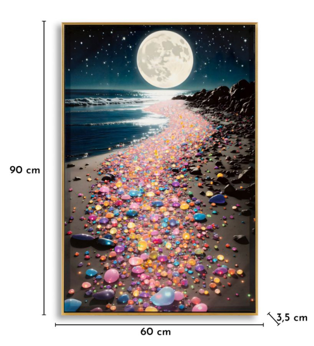 Tablou Canvas cu rama din lemn peisaj nocturn cu luna plina si reflexii multicolore decor modern [6]