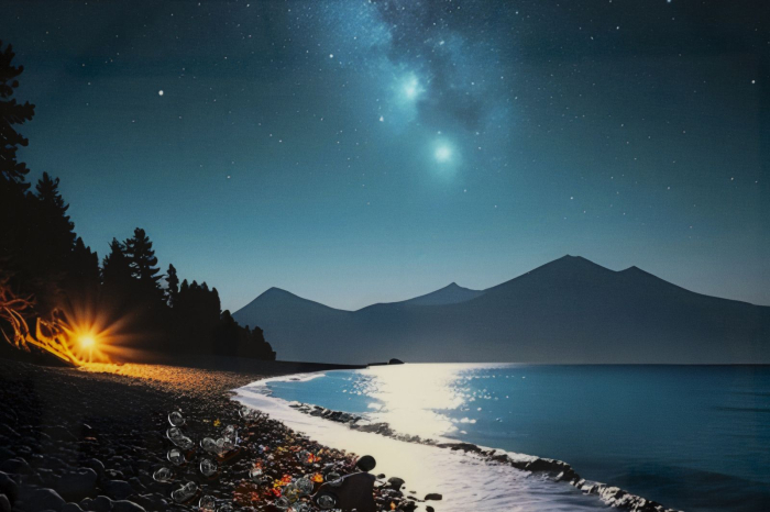 Tablou Canvas cu rama din lemn peisaj nocturn cu plaja si pietre colorate decor multicolor [3]