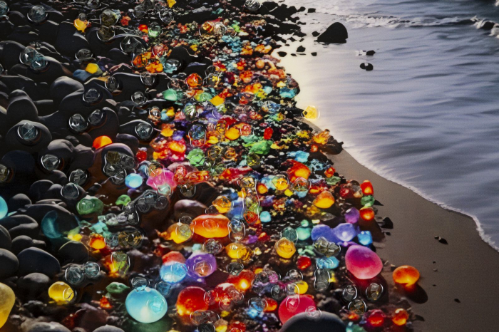 Tablou Canvas cu rama din lemn peisaj nocturn cu plaja si pietre colorate decor multicolor [4]