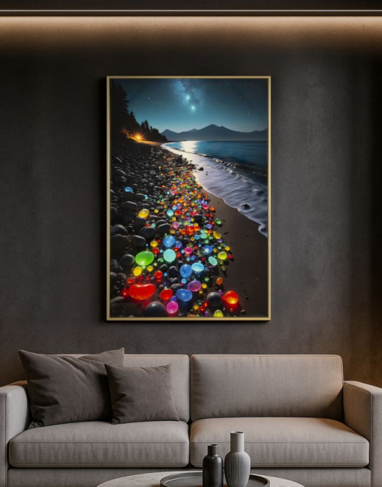 Tablou Canvas cu rama din lemn peisaj nocturn cu plaja si pietre colorate decor multicolor [5]