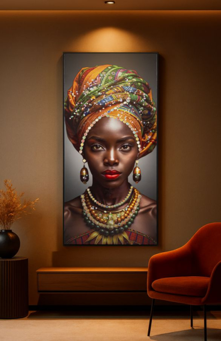 Tablou Canvas cu rama din lemn portret feminin cu turban colorat [2]