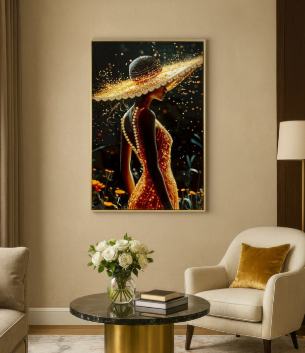 Tablou Canvas cu rama din lemn portret feminin elegant cu accente aurii [6]