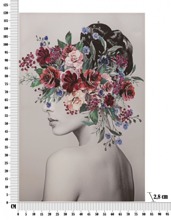 Tablou canvas cu portret feminin din profil alb-negru și coroană de trandafiri bordo cu flori albastre [6]