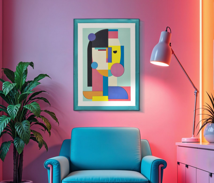 Tablou cubist multicolor 50x70 cm – chip abstract cu ramă turcoaz lucioasă [2]