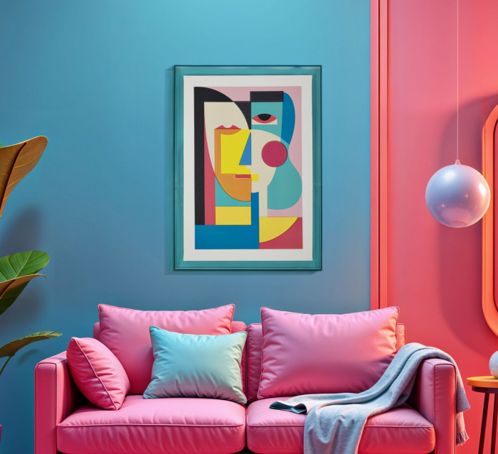 Tablou cubist colorat 50x70 cm – artă geometrică cu ramă turcoaz [2]