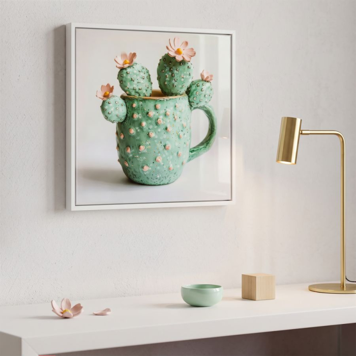 Tablou cactus ceramic cană flori roz 40x40 cm – imagine artistică cu accente pastel [2]