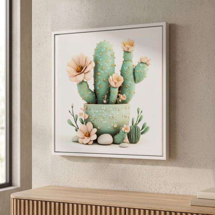Tablou cactus flori crem 40x40 cm – compoziție florală pastel cu detalii aurii [2]