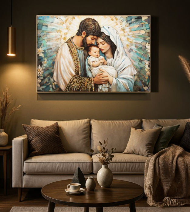 Tablou decorativ cu rama multicolor din lemn de brad si canvas Nativity [6]