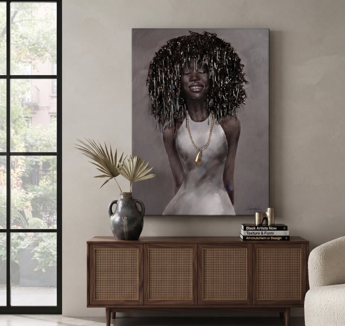 Tablou portret femeie africană pictat manual cu accente aurii [2]