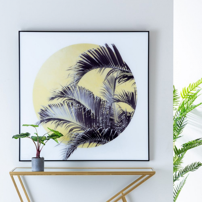 Tablou frunze palmier fundal galben – canvas pătrat tropical 100x100 cm [8]