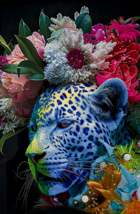 Tablou femeie leopard floral 52x102 cm – artă fantezistă cu simbolism și culoare [3]